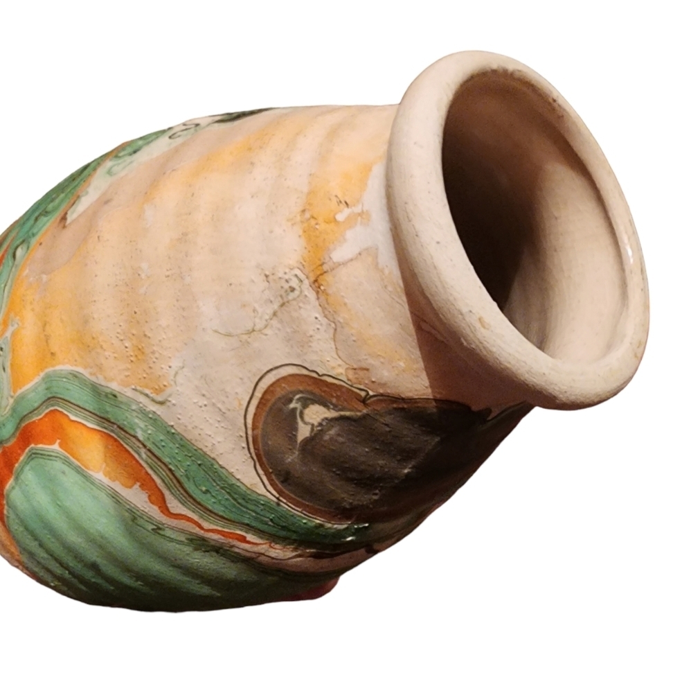Nemadji Indian Clay Pottery Beehive Vase Shape Green Orange Gray Swirl Pattern - Picture 13 of 15
